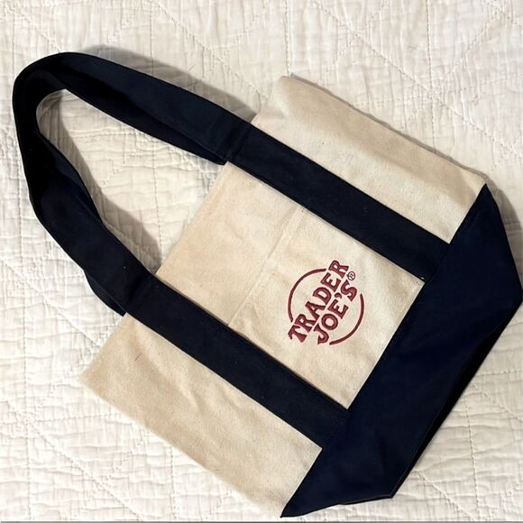 New Trader Joe's Canvas Tote Bag navy and cream never used embroidered logo - Picture 1 of 1